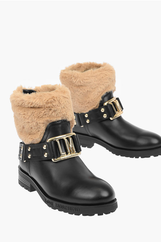 Moschino Love Leather Ankle Boots With Faux Fur Details In Black
