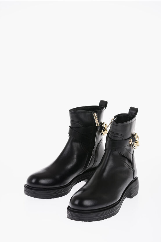 Moschino Love Leather Ankle Boots With Golden Chain 4cm In Black