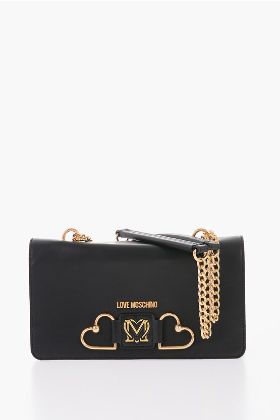 Moschino Love Leather Bag With Double Gold Heart Decoration In Brown