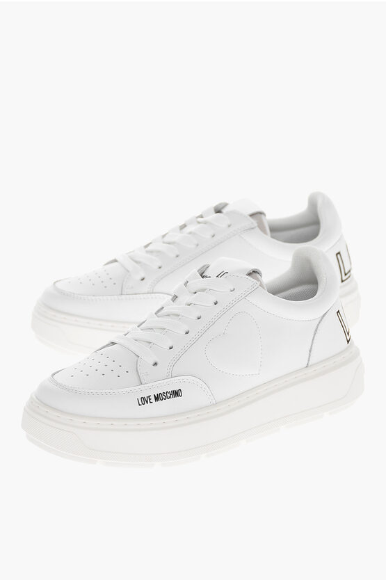 Moschino Love Leather Bold40 Low Sneakers With Embossed Heart In White