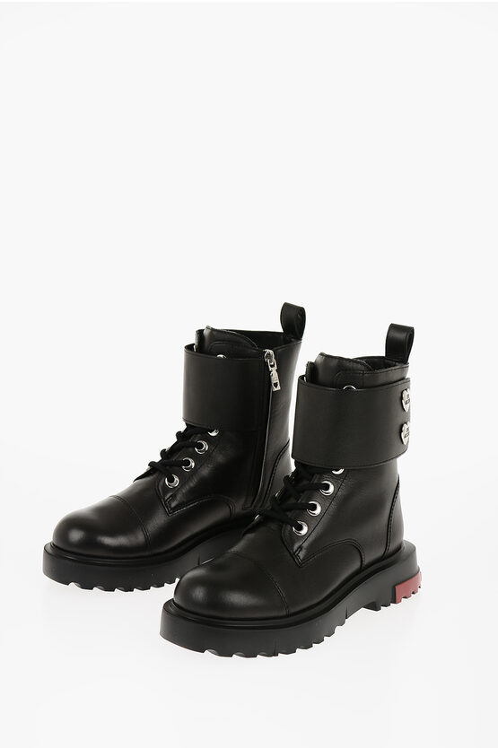 Moschino Love Leather Combat Boots With Logo Charm In Black