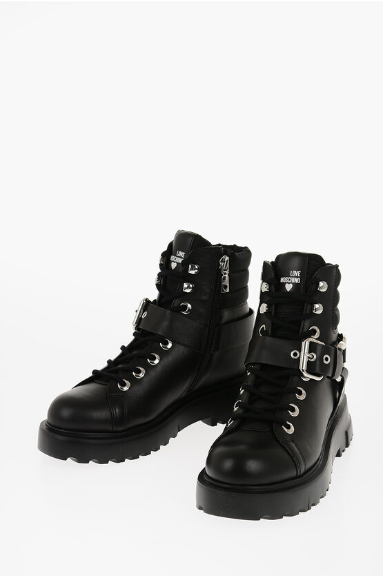 Moschino Love Leather Combat Boots With Silver Details In White
