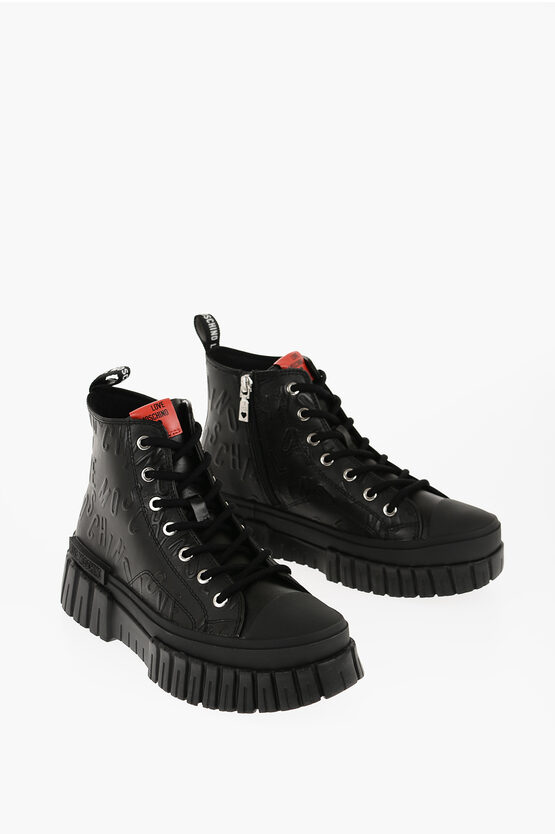 Moschino Love Leather High-top Trainers With Side Zip And Chunky Sole In Black