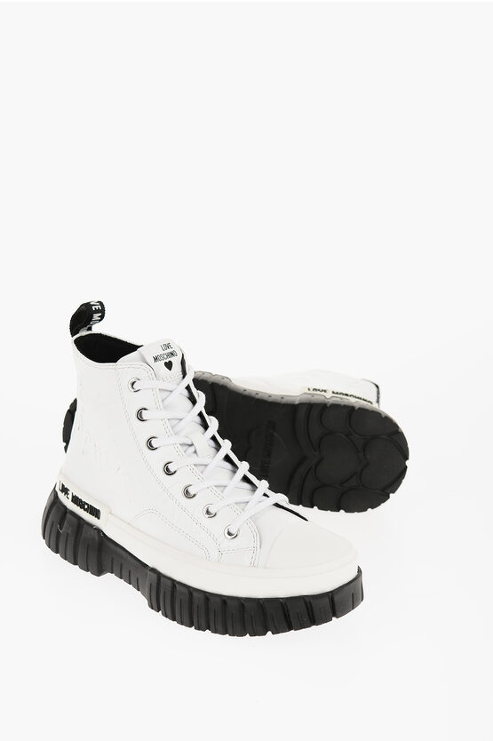 Moschino Love Leather High-top Sneakers With Side Zip And Contrasting In White