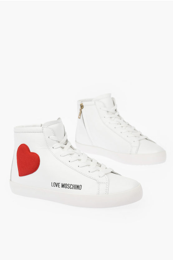 Moschino Love Leather High Top Trainers With Velvet Heart And Side Zi In White