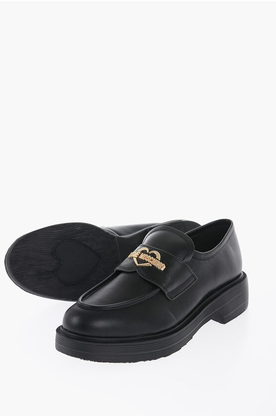 Moschino Love Leather Loafers With Golden Logo In Black