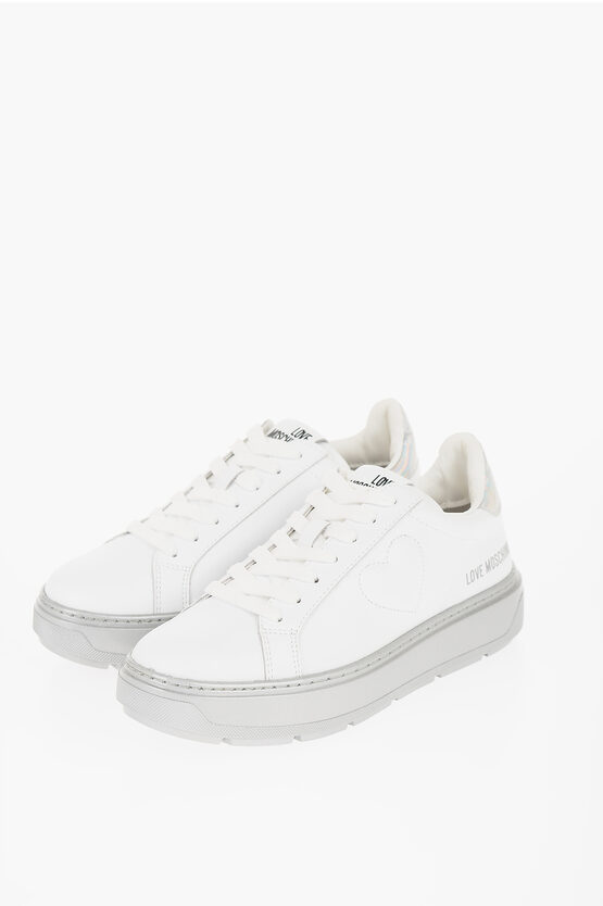Moschino Love Leather Low Top Trainers With Contrasting Details In White