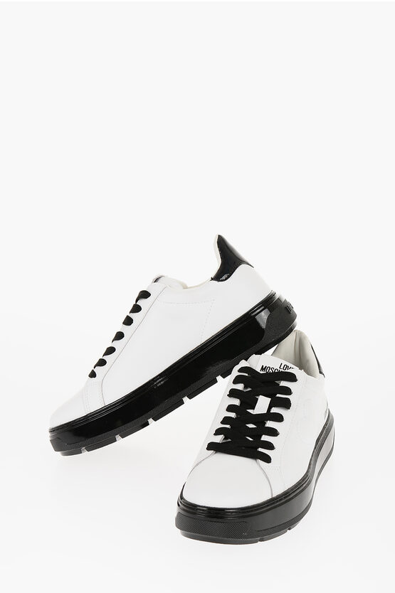Moschino Love Leather Low Top Sneakers With Contrasting Details In White