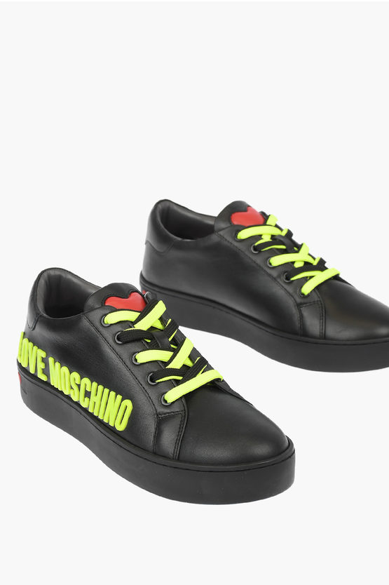 Moschino Love Leather Low Top Sneakers With Fluo Logo In White