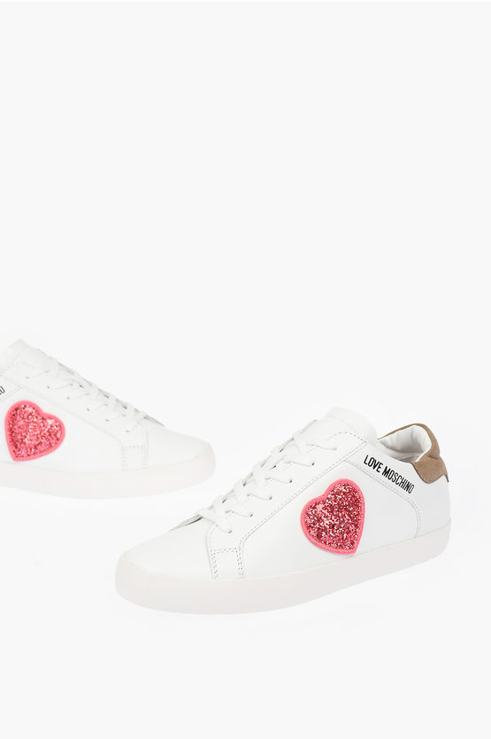 Moschino Love Leather Low Top Sneakers With Glitter Heart In White