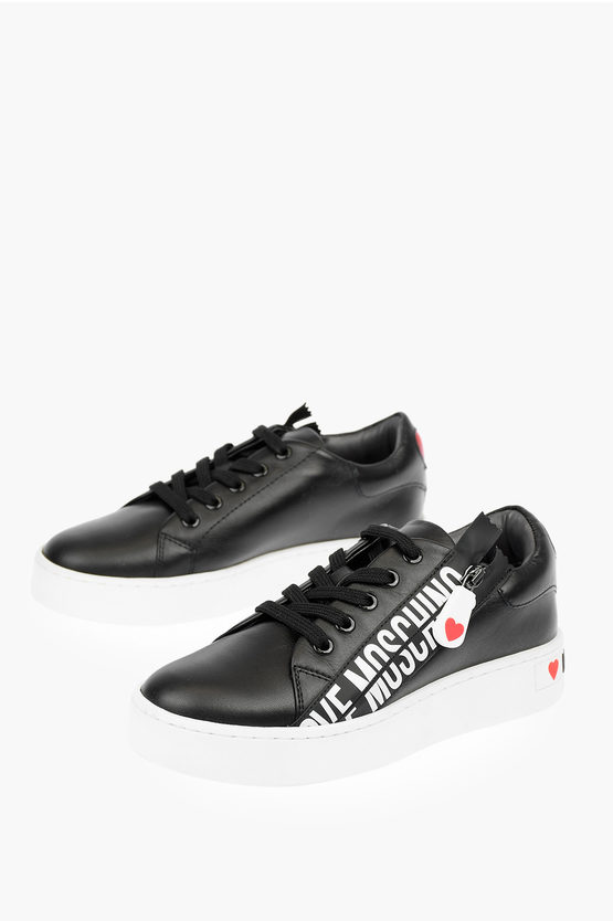 Moschino Love Leather Low Top Trainers With Logo In Black