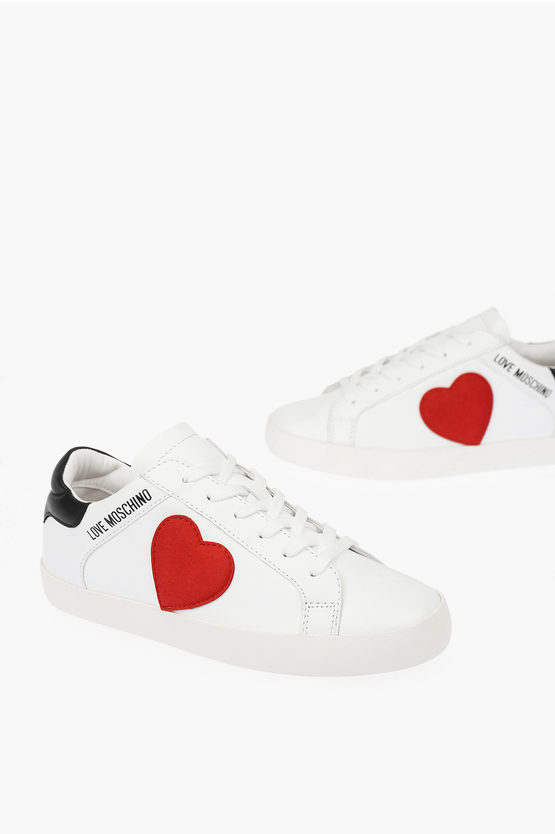 Moschino Love Leather Low Top Sneakers With Velvet Heart And Contrast In White