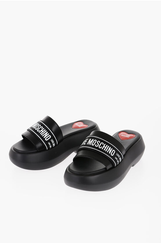 Moschino Love Leather Platform Sandals With Logoed Band 6cm In Black