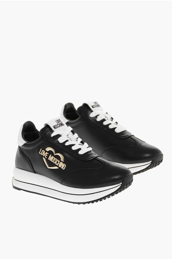 Moschino Love Leather Run40 Low Trainers With Golden Effect Logo In Black