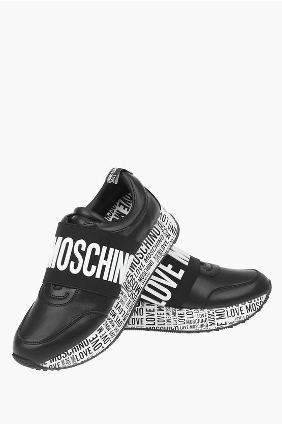 Moschino Love Leather Run40 Slip On Sneakers With All Over Logo Sole In Black