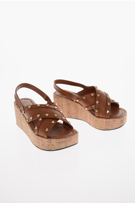 Moschino Love Leather Sandals With Golden Heart Decoration And Cork S In Brown