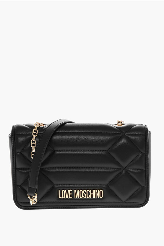 Moschino Love Leather Shoulder Bag With Golden Effect Logo In Blue