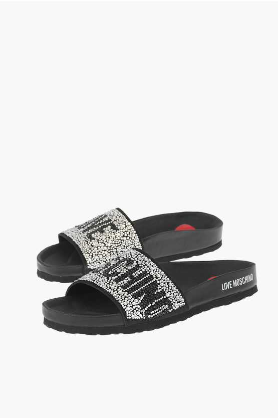 Moschino Love Leather Slides With Rhinestones In Black