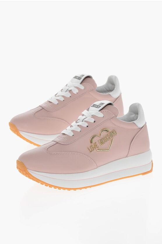 Moschino Love Leather Sneakers With Golden Logo In Pink