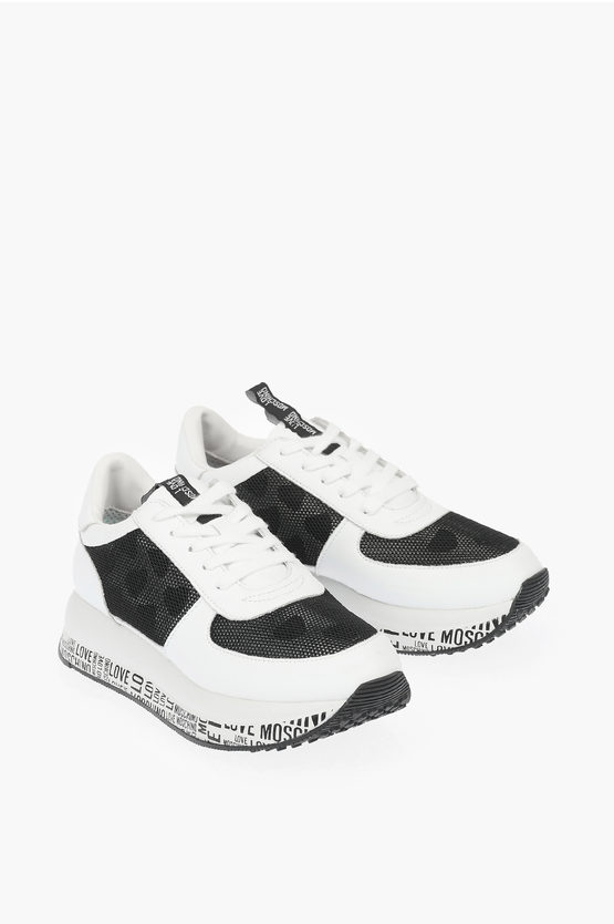 Moschino Love Leather Sneakers With Mesh Details And All Over Logo So In White