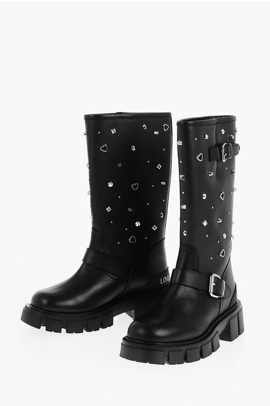 Moschino Love Leather Tassel50 Boots With Studs Heel 5cm In Black
