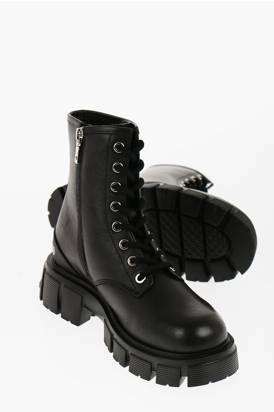 Moschino Love Leather Tassel50 Combat Boots With Side Zip And Chunky In Black