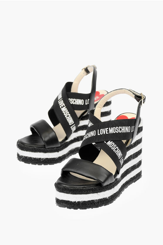 Moschino Love Leather Wedge Sandals With Logo 12cm In Black