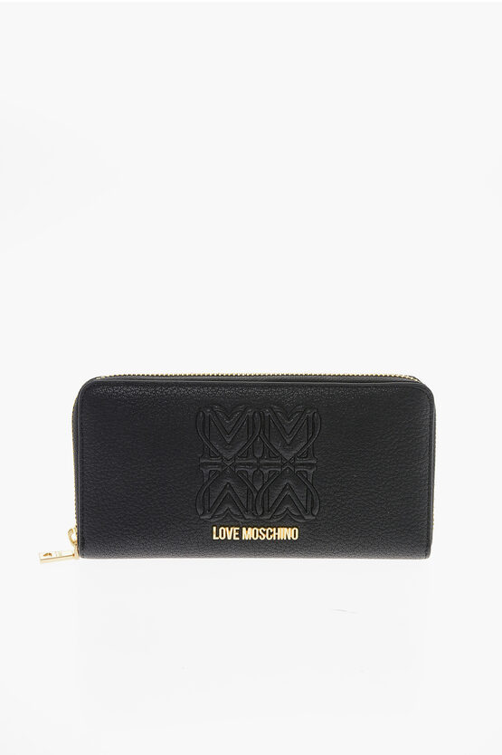 Moschino Love Logo Embossed Faux Leather Continental Wallet In Black