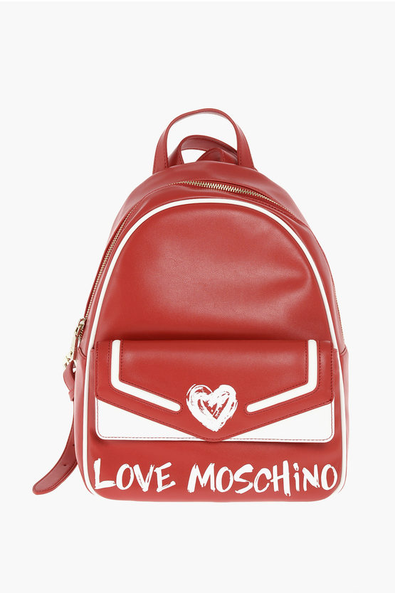 Moschino Love Logo Printed Faux Leather Backpack In Red