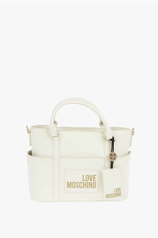 Moschino Love Logo Printed Faux Leather Tote Bag In White