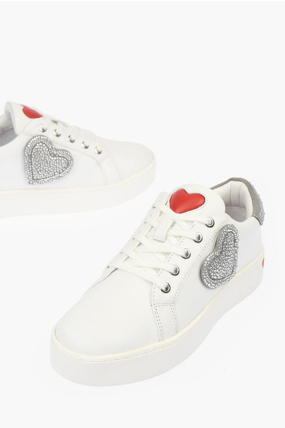 Moschino Love Low Top Leather Sneakers With Rhinestoned Details In White