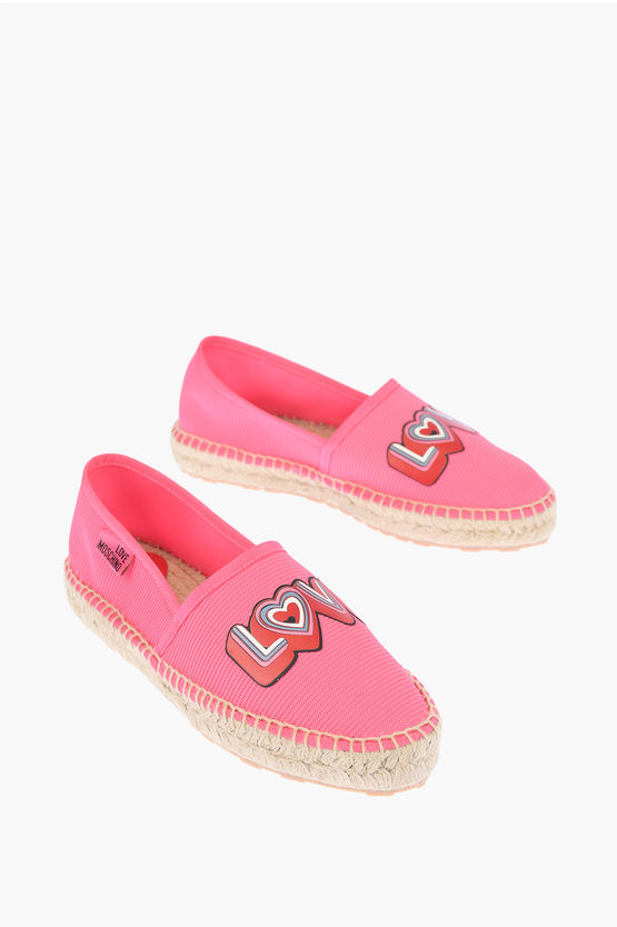 Moschino Love Mesh Espadrilles With Logo-print And Raffia Sole In Gray