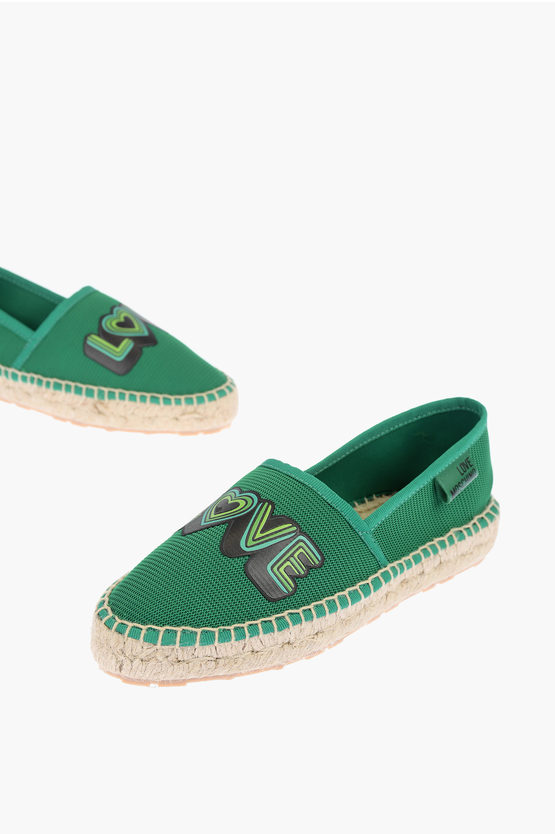 Moschino Love Mesh Espadrilles With Logo-print And Raffia Sole In Green