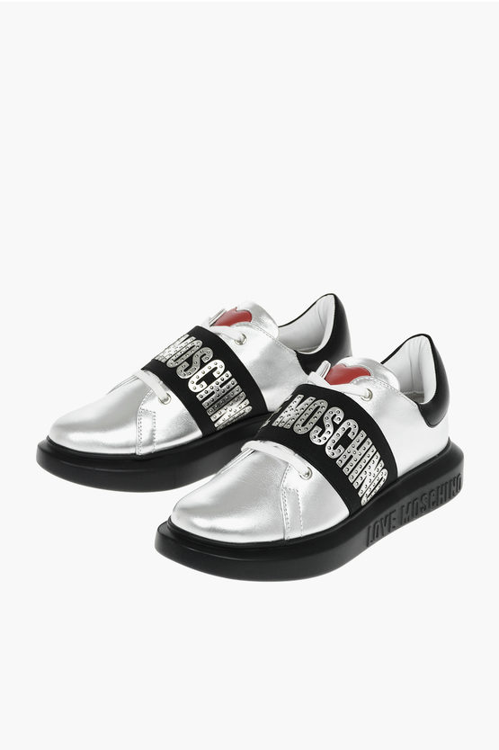 Moschino Love Metallic Leather Sneakers In Black