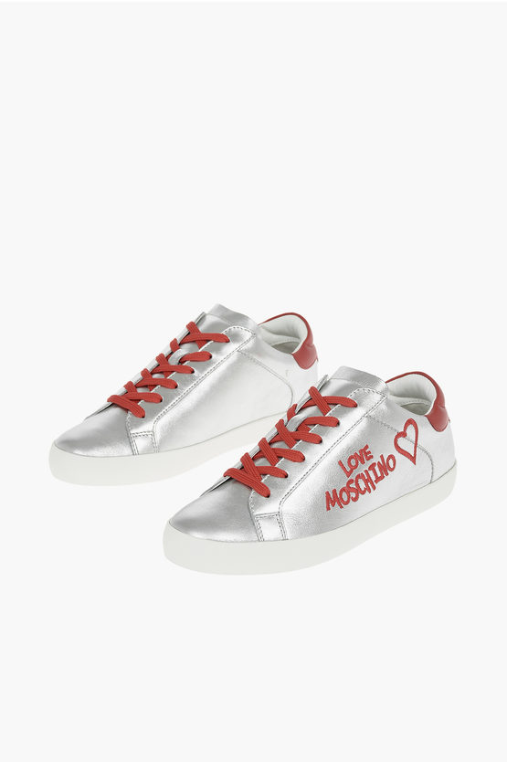 Moschino Love Metallic Leather Sneakers In White