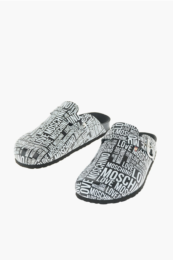 Moschino Love  All Over Printed Logo Two-tone Birki30 Sandals In White