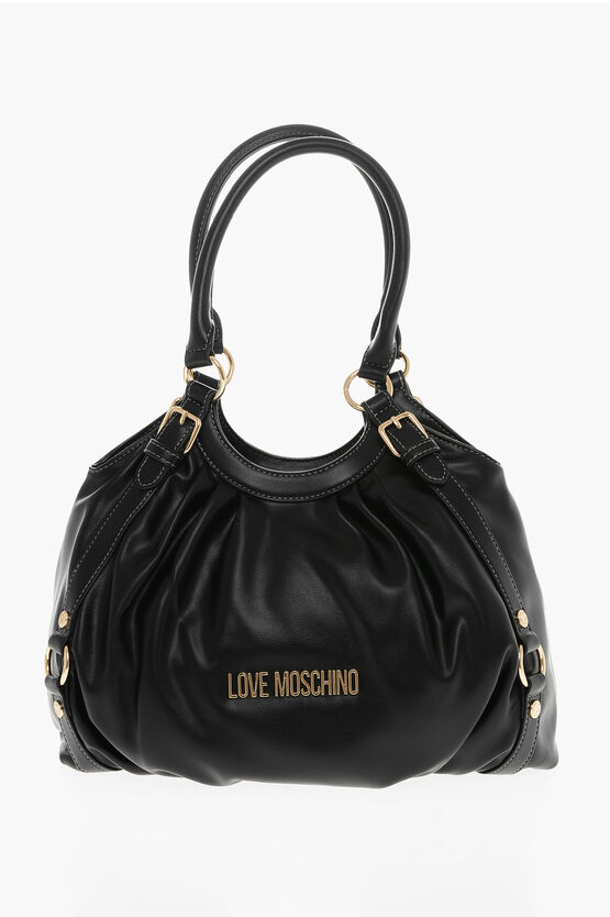Moschino Love  Faux Leather Bucket Bag With Golden Details In Brown