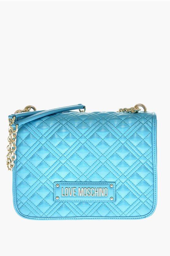 Moschino Love  Faux Leather Quilted Shoulder Bag Laminated Ef In Blue