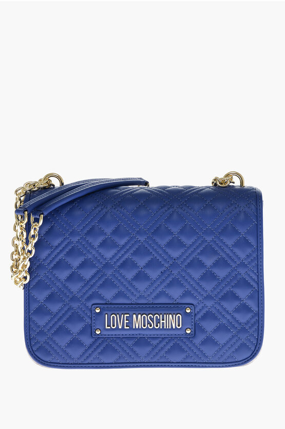 Moschino Love  Faux Leather Quilted Shoulder Bag With Lm-logo In Blue