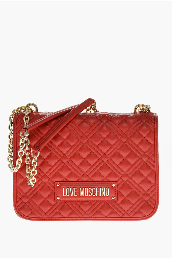 Moschino Love  Faux Leather Quilted Shoulder Bag With Lm On T In Red