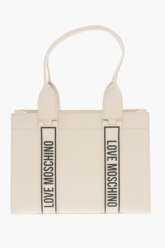 Moschino Love  Faux Leather Tote Bag With Logoed Bands In White