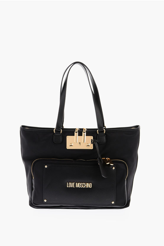 Moschino Love Nylon Tote Bag With Golden Details In Black