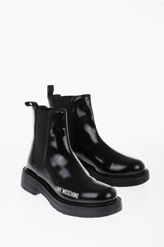Moschino Love Patent Leather Chelsea Boots With Printed Logo In White