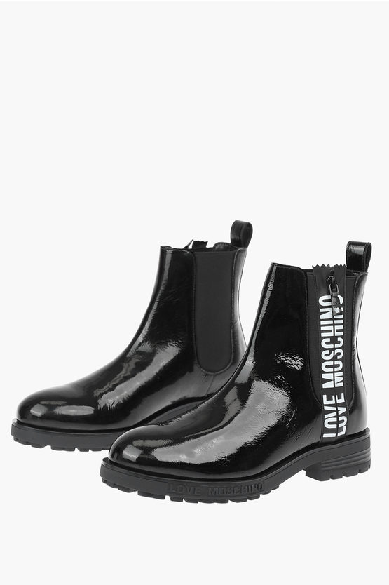 Moschino Love Patent Leather Chelsea Boots With Side Zip In Black