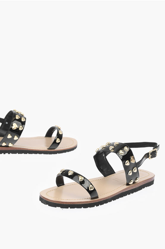 Moschino Love Patent Leather Flat Sandals With Heart Studs In Black