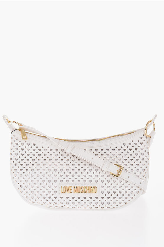 Moschino Love Perforated Faux Leather Crossbody Bag With Heart-shaped In White