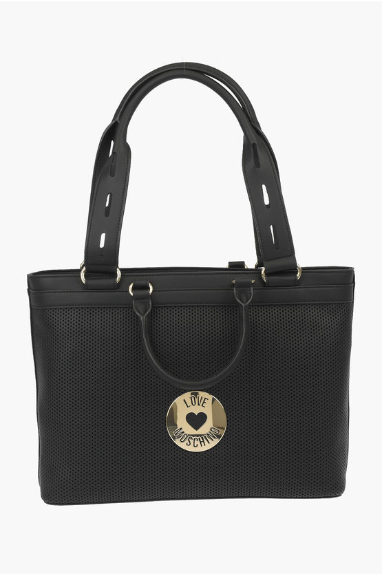 Moschino Love Perforated Faux Leather Tote Bag In Black