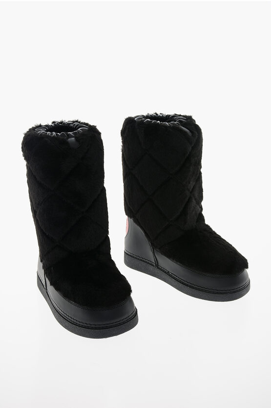 Shop Moschino Love Quilted Faux Fur Snow Boots With Maxi Shiny Heart