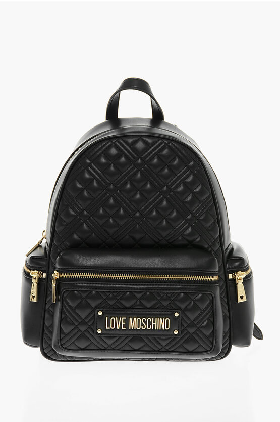 Moschino Love Quilted Faux Leather Backpack With Golden Details In Brown