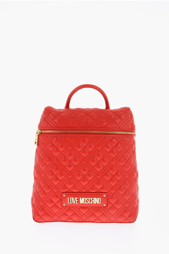 Moschino Love Quilted Faux Leather Backpack With Golden Logo In Red